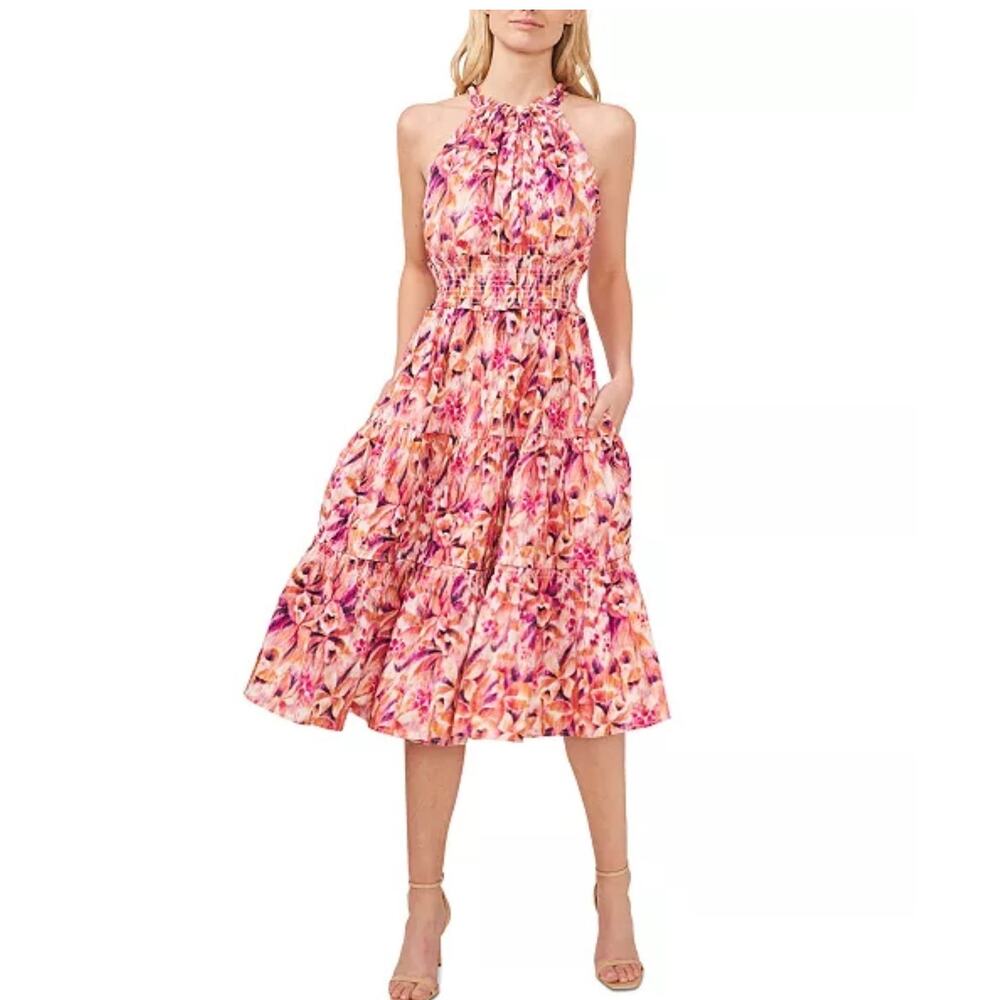 Cece Printed Tie Back Smocked Waist Midi Dress size M, Pink Orange | NEW $129 - Picture 1 of 5